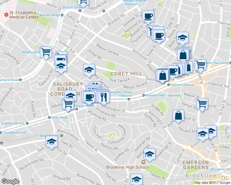 map of restaurants, bars, coffee shops, grocery stores, and more near 5 Mason Terrace in Brookline