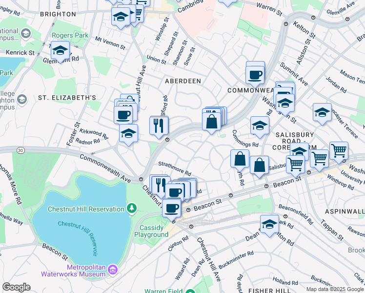 map of restaurants, bars, coffee shops, grocery stores, and more near 8 Kinross Road in Boston