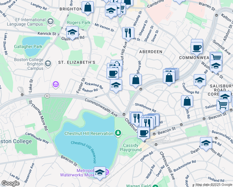 map of restaurants, bars, coffee shops, grocery stores, and more near 186 Chestnut Hill Avenue in Boston