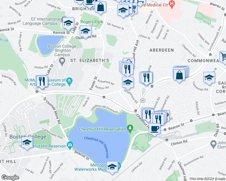 map of restaurants, bars, coffee shops, grocery stores, and more near 49 Radnor Road in Boston