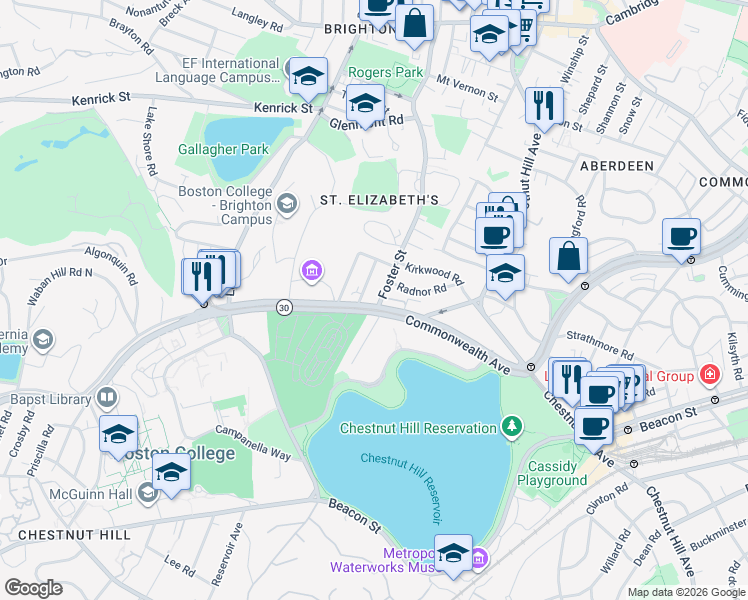 map of restaurants, bars, coffee shops, grocery stores, and more near 11 Gerald Road in Boston