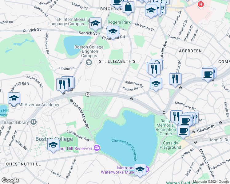 map of restaurants, bars, coffee shops, grocery stores, and more near 11 Gerald Road in Boston