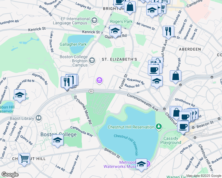 map of restaurants, bars, coffee shops, grocery stores, and more near 5 Greycliff Road in Boston