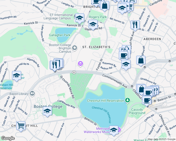 map of restaurants, bars, coffee shops, grocery stores, and more near 5 Greycliff Road in Boston