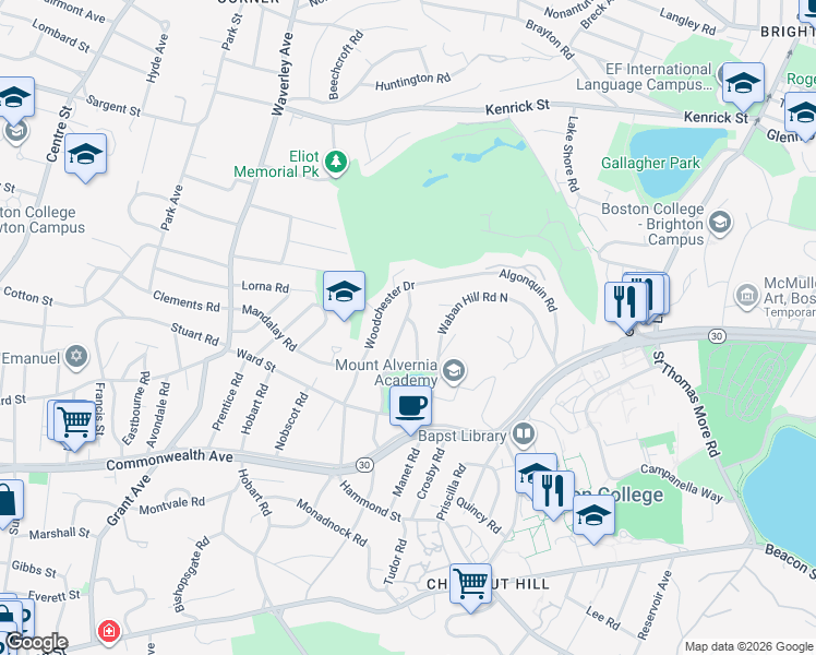 map of restaurants, bars, coffee shops, grocery stores, and more near 35 Woodlawn Drive in Newton
