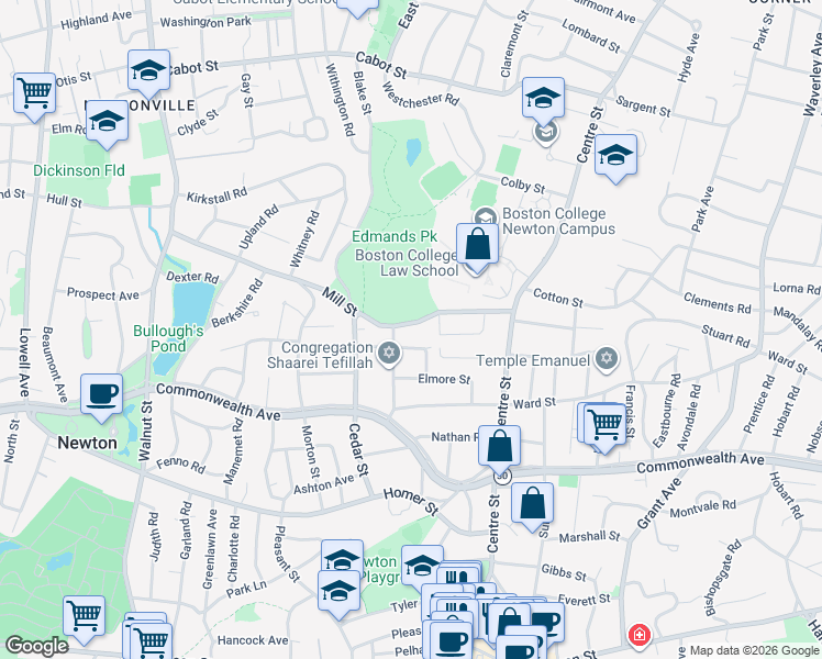 map of restaurants, bars, coffee shops, grocery stores, and more near 74 Mill Street in Newton