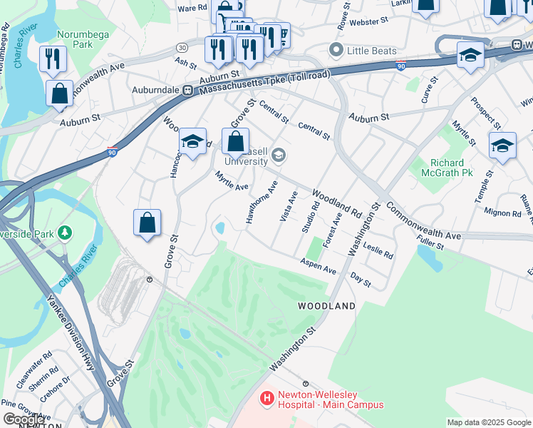 map of restaurants, bars, coffee shops, grocery stores, and more near 30 Hawthorne Avenue in Newton