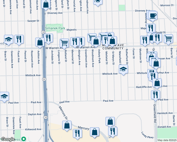 map of restaurants, bars, coffee shops, grocery stores, and more near 6736 Grandmont Avenue in Detroit