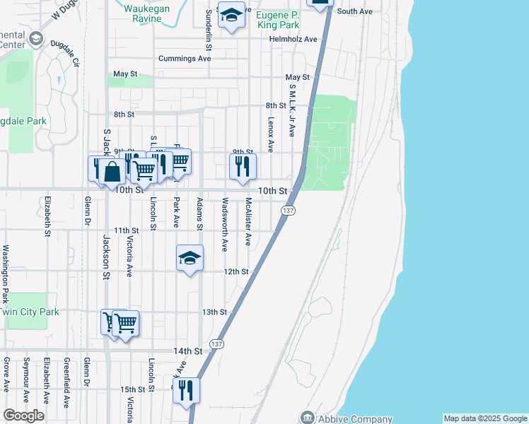 map of restaurants, bars, coffee shops, grocery stores, and more near 1022 Lenox Avenue in North Chicago