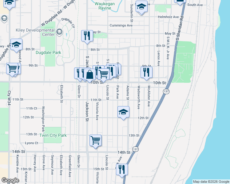map of restaurants, bars, coffee shops, grocery stores, and more near 1017 Lincoln Street in North Chicago