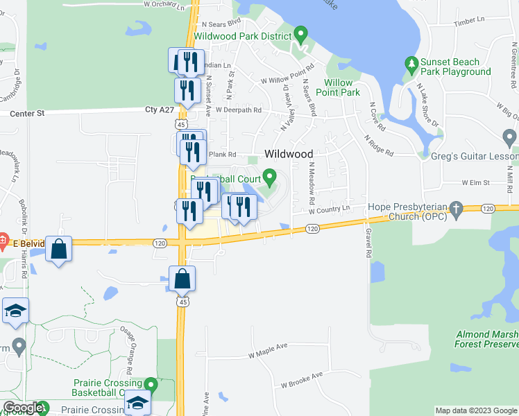 map of restaurants, bars, coffee shops, grocery stores, and more near 1902 Country Drive in Grayslake