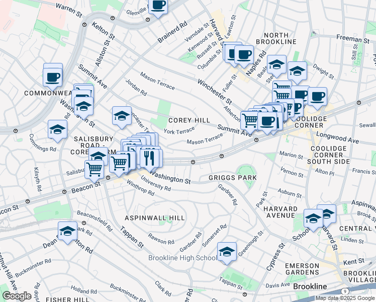 map of restaurants, bars, coffee shops, grocery stores, and more near in Brookline