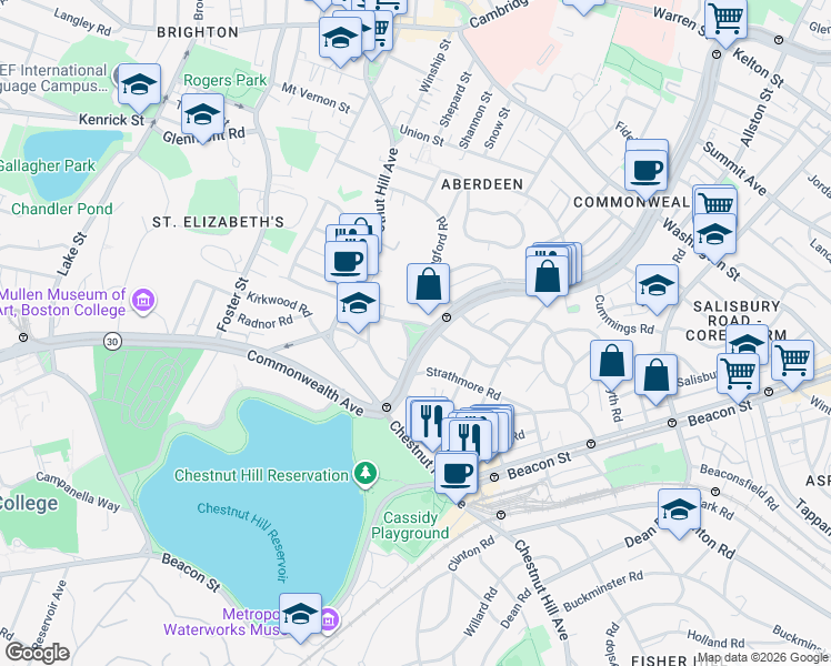 map of restaurants, bars, coffee shops, grocery stores, and more near 1825 Commonwealth Avenue in Boston