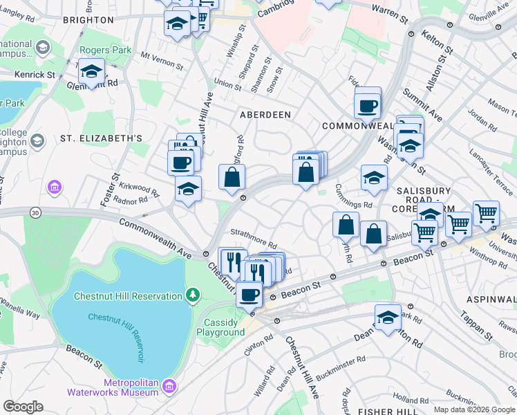 map of restaurants, bars, coffee shops, grocery stores, and more near 13 Kinross Road in Boston