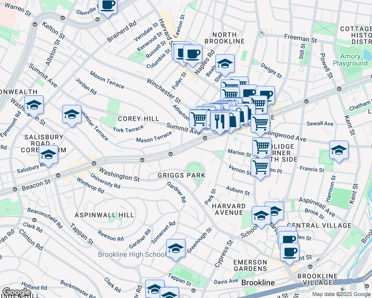 map of restaurants, bars, coffee shops, grocery stores, and more near 1443 Beacon Street in Brookline