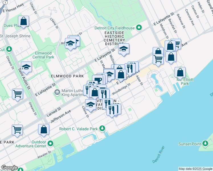 map of restaurants, bars, coffee shops, grocery stores, and more near 2941 East Jefferson Avenue in Detroit