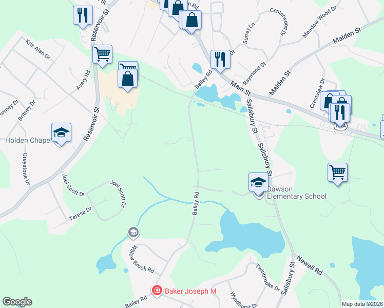 map of restaurants, bars, coffee shops, grocery stores, and more near 135 Bailey Road in Holden