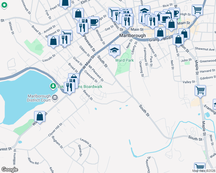 map of restaurants, bars, coffee shops, grocery stores, and more near 99 Mount Pleasant Street in Marlborough
