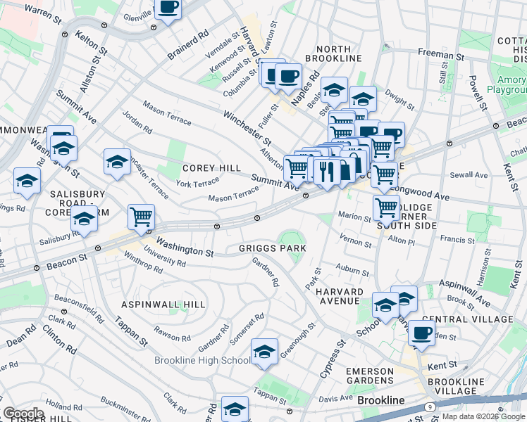 map of restaurants, bars, coffee shops, grocery stores, and more near 1476 Beacon Street in Brookline