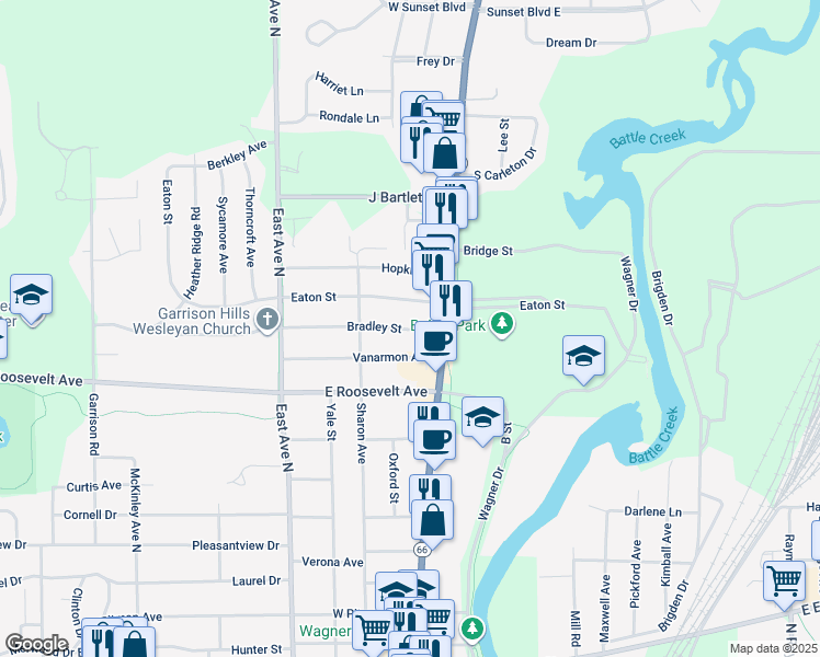 map of restaurants, bars, coffee shops, grocery stores, and more near 42 Bradley Street in Battle Creek