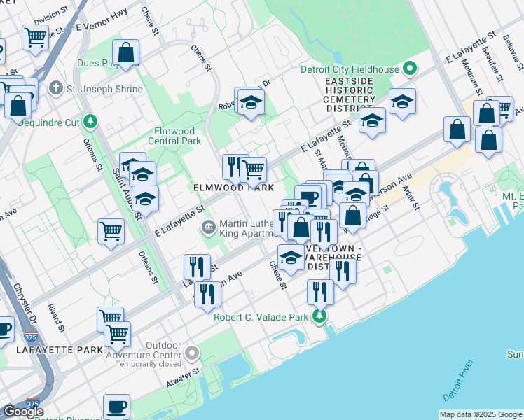 map of restaurants, bars, coffee shops, grocery stores, and more near 750 Chene Street in Detroit