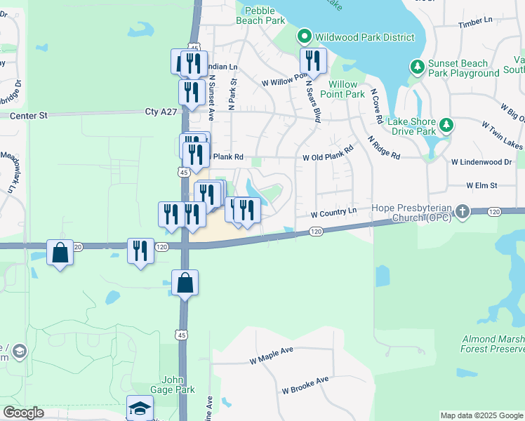 map of restaurants, bars, coffee shops, grocery stores, and more near 1900 Country Drive in Grayslake