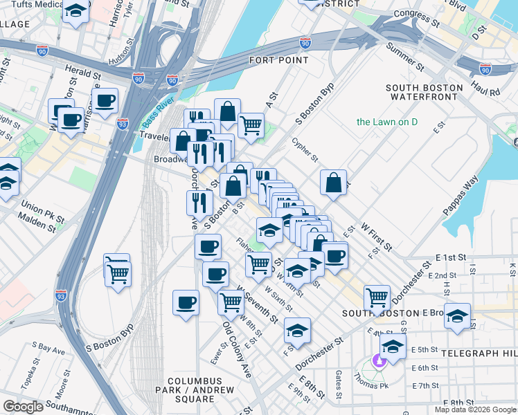 map of restaurants, bars, coffee shops, grocery stores, and more near West Broadway in Boston