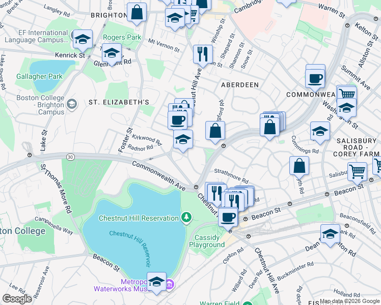 map of restaurants, bars, coffee shops, grocery stores, and more near 186 Chestnut Hill Avenue in Boston