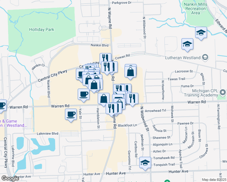 map of restaurants, bars, coffee shops, grocery stores, and more near 7308 North Wayne Road in Westland
