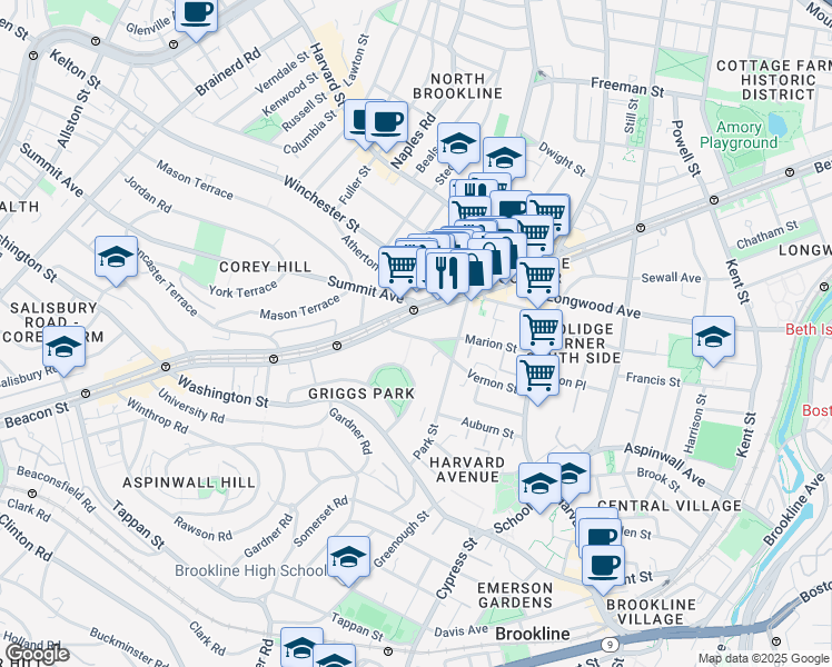 map of restaurants, bars, coffee shops, grocery stores, and more near 97 Marion Street in Brookline
