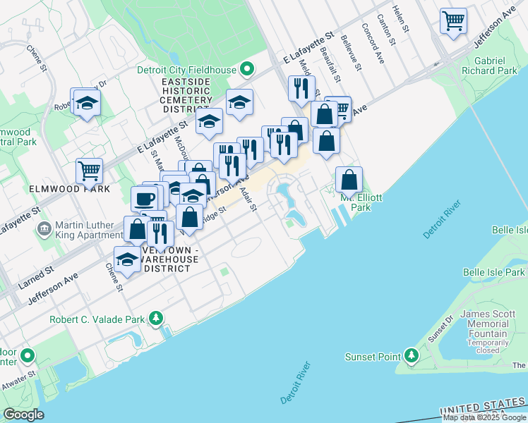 map of restaurants, bars, coffee shops, grocery stores, and more near 3320 Spinnaker Lane in Detroit