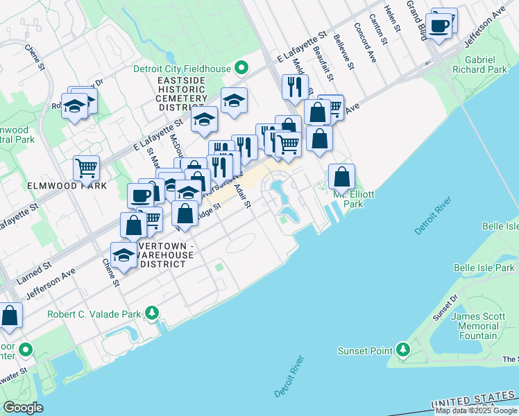 map of restaurants, bars, coffee shops, grocery stores, and more near 3320 Spinnaker Lane in Detroit