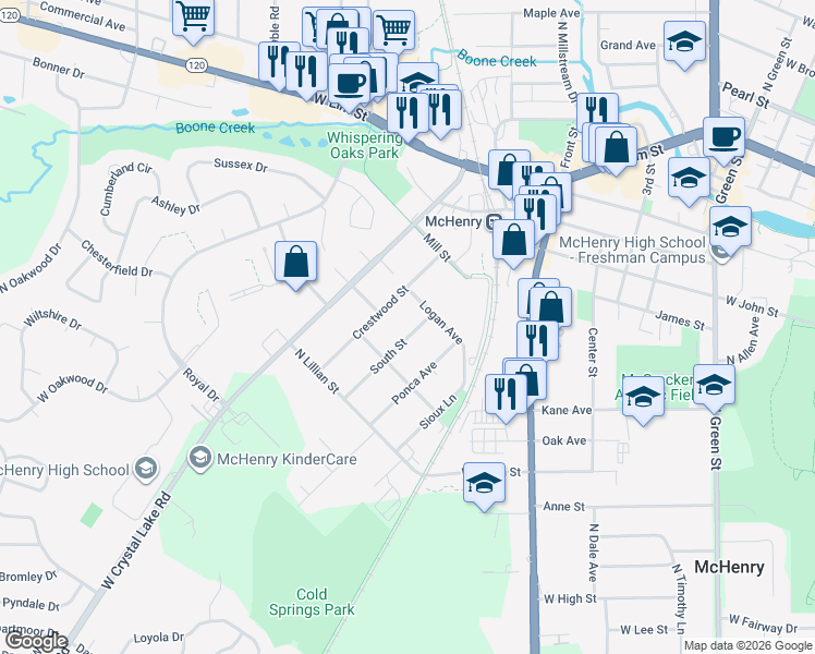 map of restaurants, bars, coffee shops, grocery stores, and more near 4212 South Street in McHenry