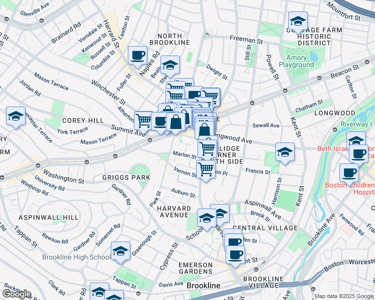 map of restaurants, bars, coffee shops, grocery stores, and more near in Brookline