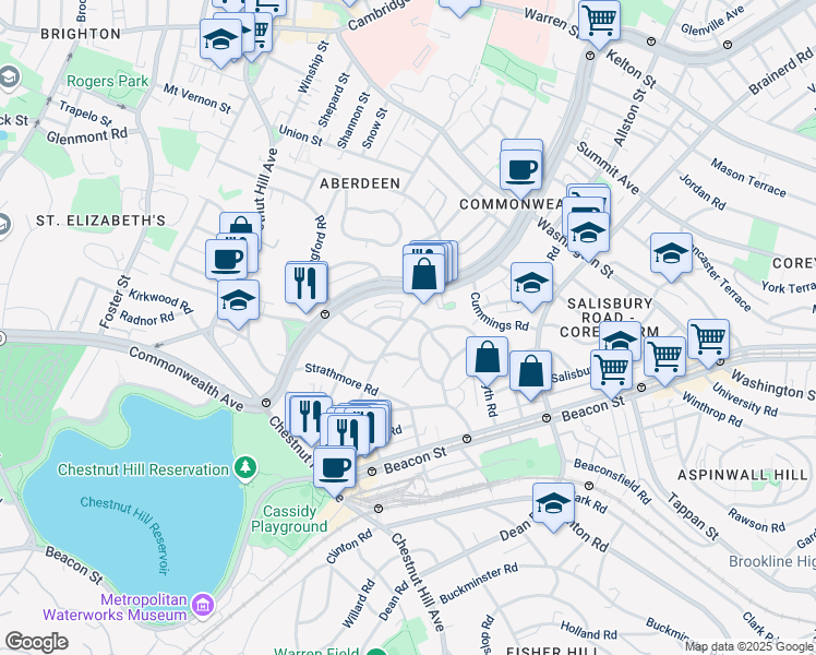 map of restaurants, bars, coffee shops, grocery stores, and more near 98 Lanark Road in Boston