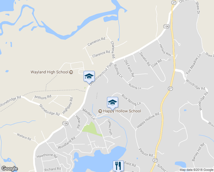 map of restaurants, bars, coffee shops, grocery stores, and more near 5 Nolan Farm Road in Wayland