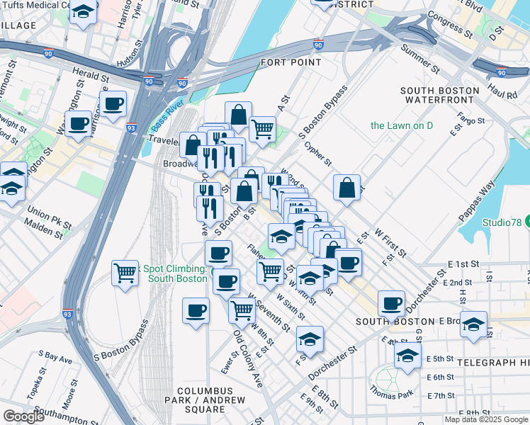 map of restaurants, bars, coffee shops, grocery stores, and more near 157 West Broadway in Boston