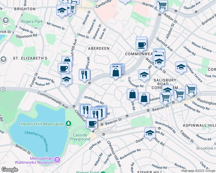 map of restaurants, bars, coffee shops, grocery stores, and more near 124 Sutherland Road in Boston