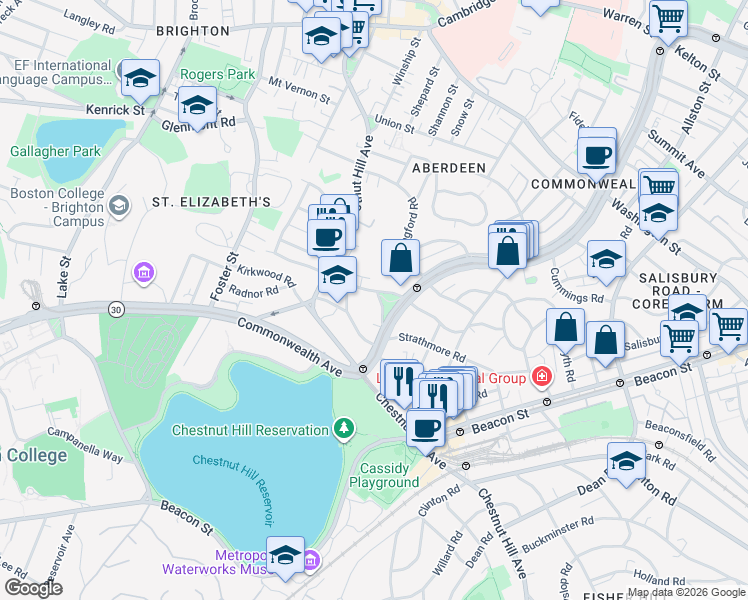 map of restaurants, bars, coffee shops, grocery stores, and more near 28 Sidlaw Road in Boston