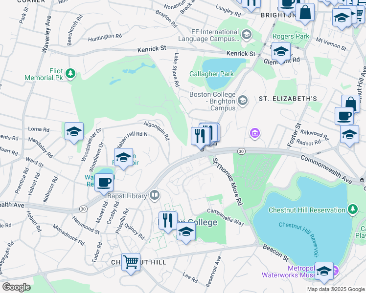 map of restaurants, bars, coffee shops, grocery stores, and more near 51 Commonwealth Avenue in Newton