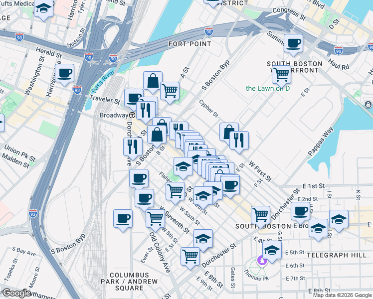 map of restaurants, bars, coffee shops, grocery stores, and more near 166 Athens Street in Boston