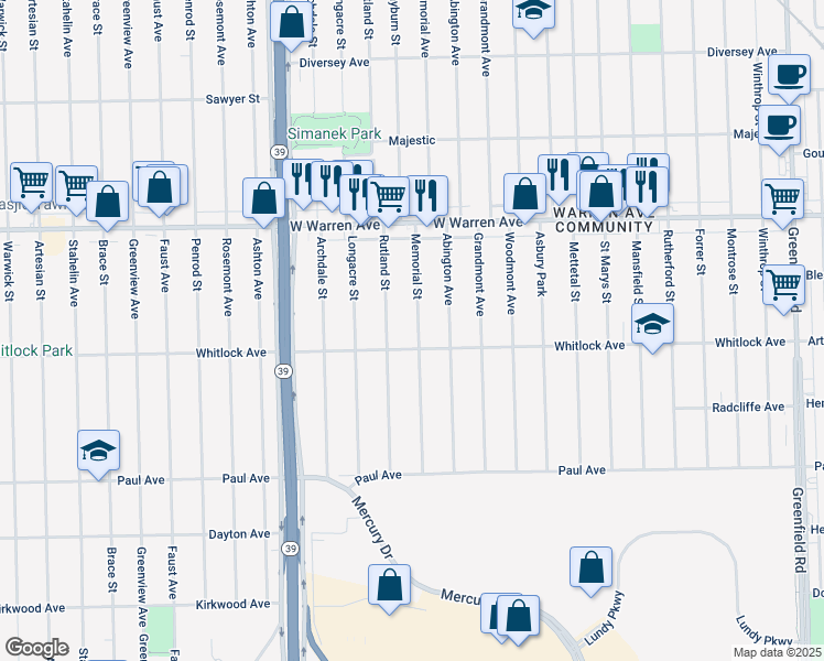 map of restaurants, bars, coffee shops, grocery stores, and more near 6731 Memorial Street in Detroit
