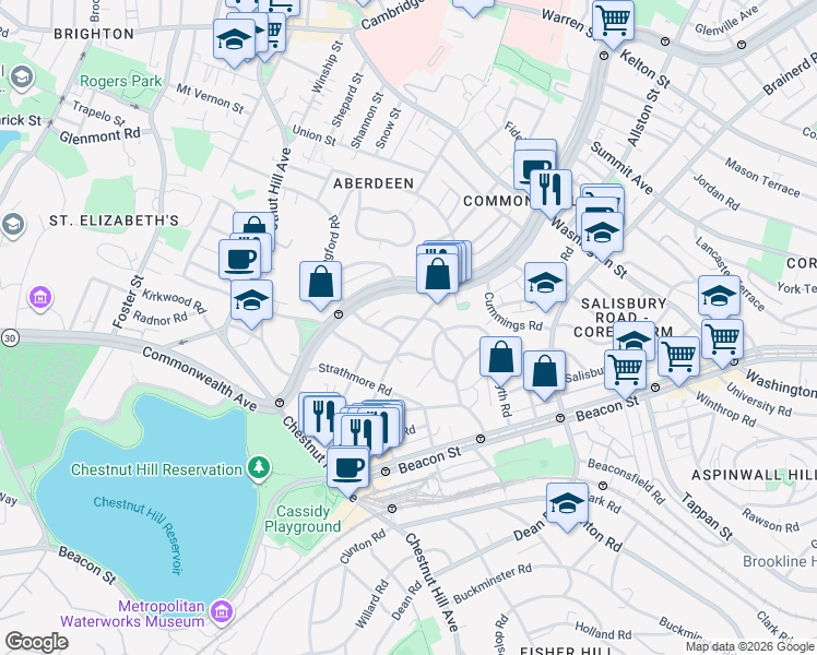 map of restaurants, bars, coffee shops, grocery stores, and more near 98 Lanark Road in Boston