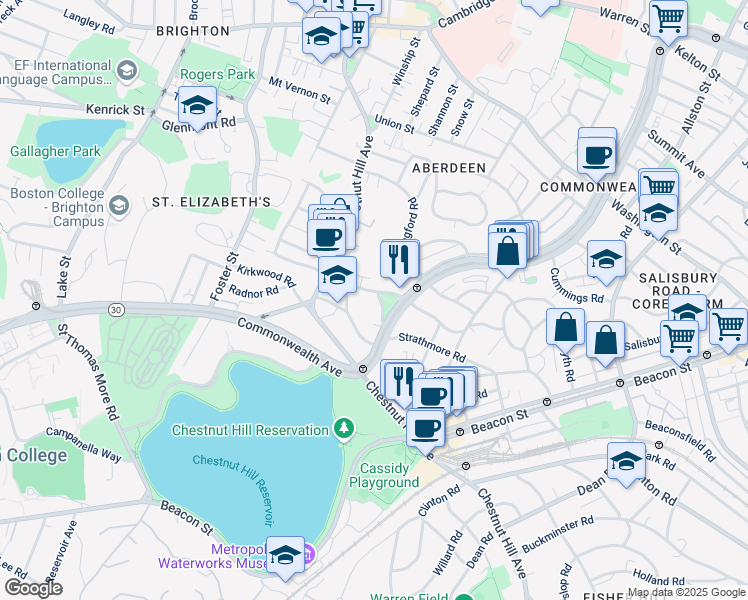 map of restaurants, bars, coffee shops, grocery stores, and more near 1825 Commonwealth Avenue in Boston