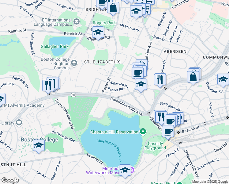 map of restaurants, bars, coffee shops, grocery stores, and more near 15 Radnor Road in Boston