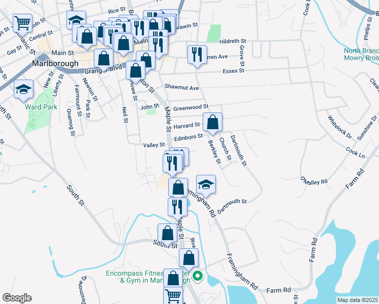 map of restaurants, bars, coffee shops, grocery stores, and more near 32 Madison Street in Marlborough