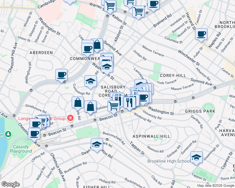 map of restaurants, bars, coffee shops, grocery stores, and more near 31 Evans Road in Brookline