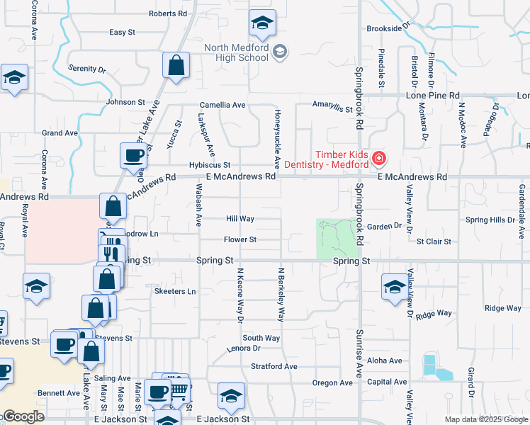 map of restaurants, bars, coffee shops, grocery stores, and more near 2245 Hill Way in Medford