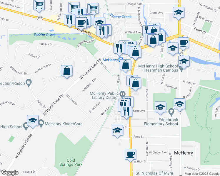 map of restaurants, bars, coffee shops, grocery stores, and more near 704 Logan Avenue in McHenry