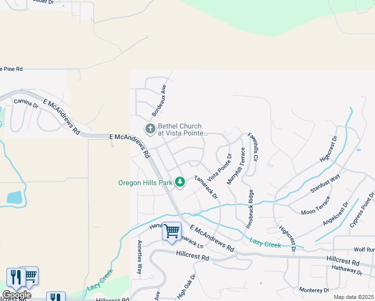 map of restaurants, bars, coffee shops, grocery stores, and more near 4324 Vineyard Terrace in Medford